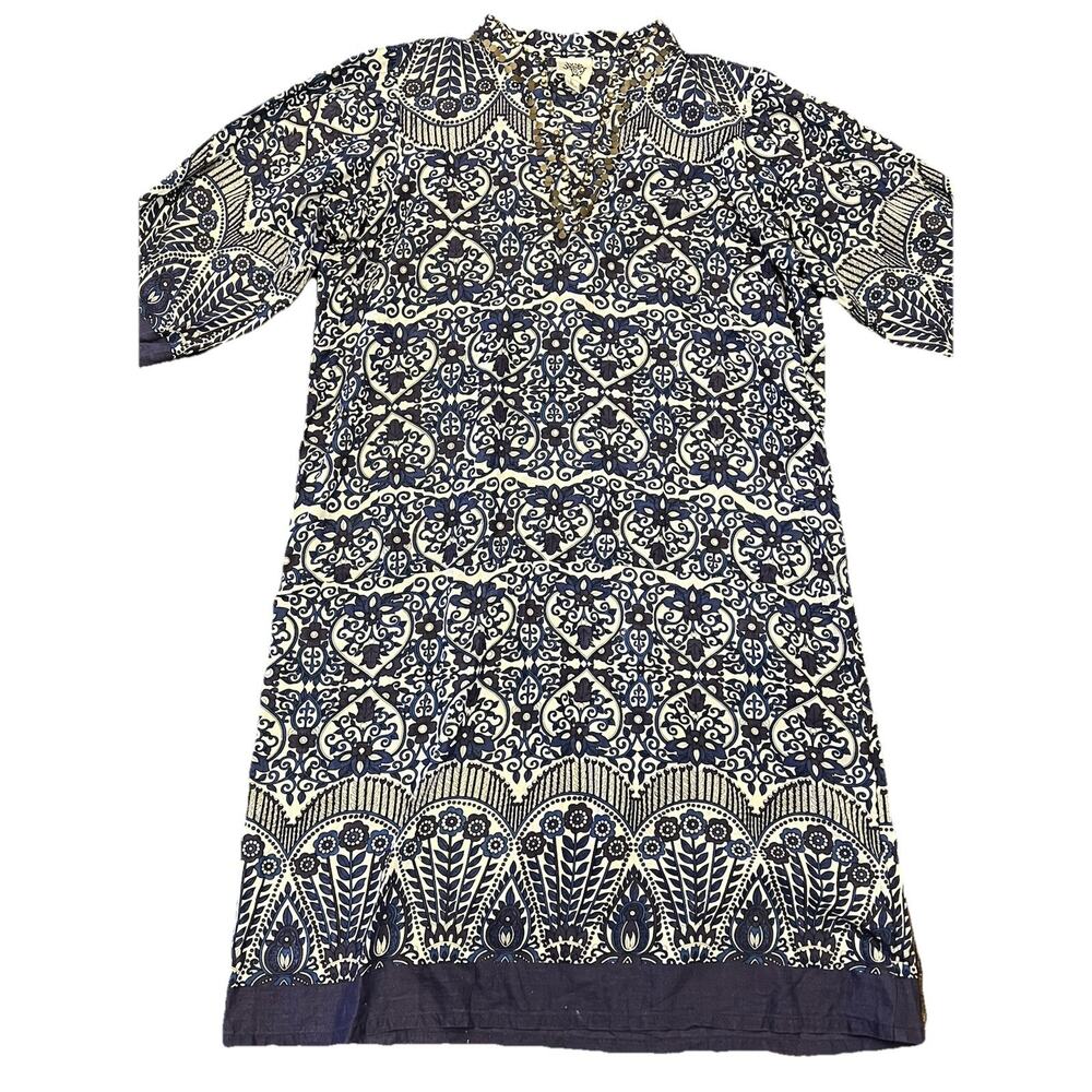 Ivy Jane Blue White Boho Floral Tunic Dress Sz L Embellished Sequins Cotton